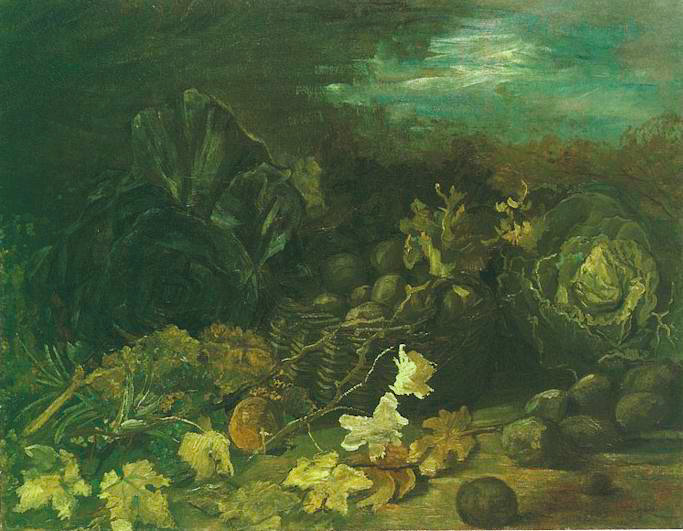 Картина Ван Гога Натюрморт с корзиной картофеля среди осенних листьев и овощей 1885
